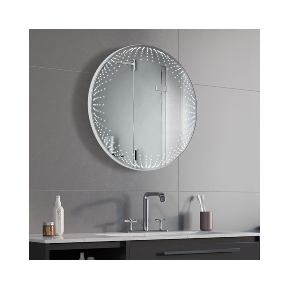 Round illuminated mirror with 3D effect - in a bathroom