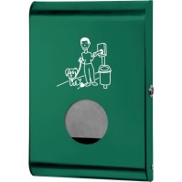 Green dispenser for dog waste bags for a clean community. Easy to use and convenient.