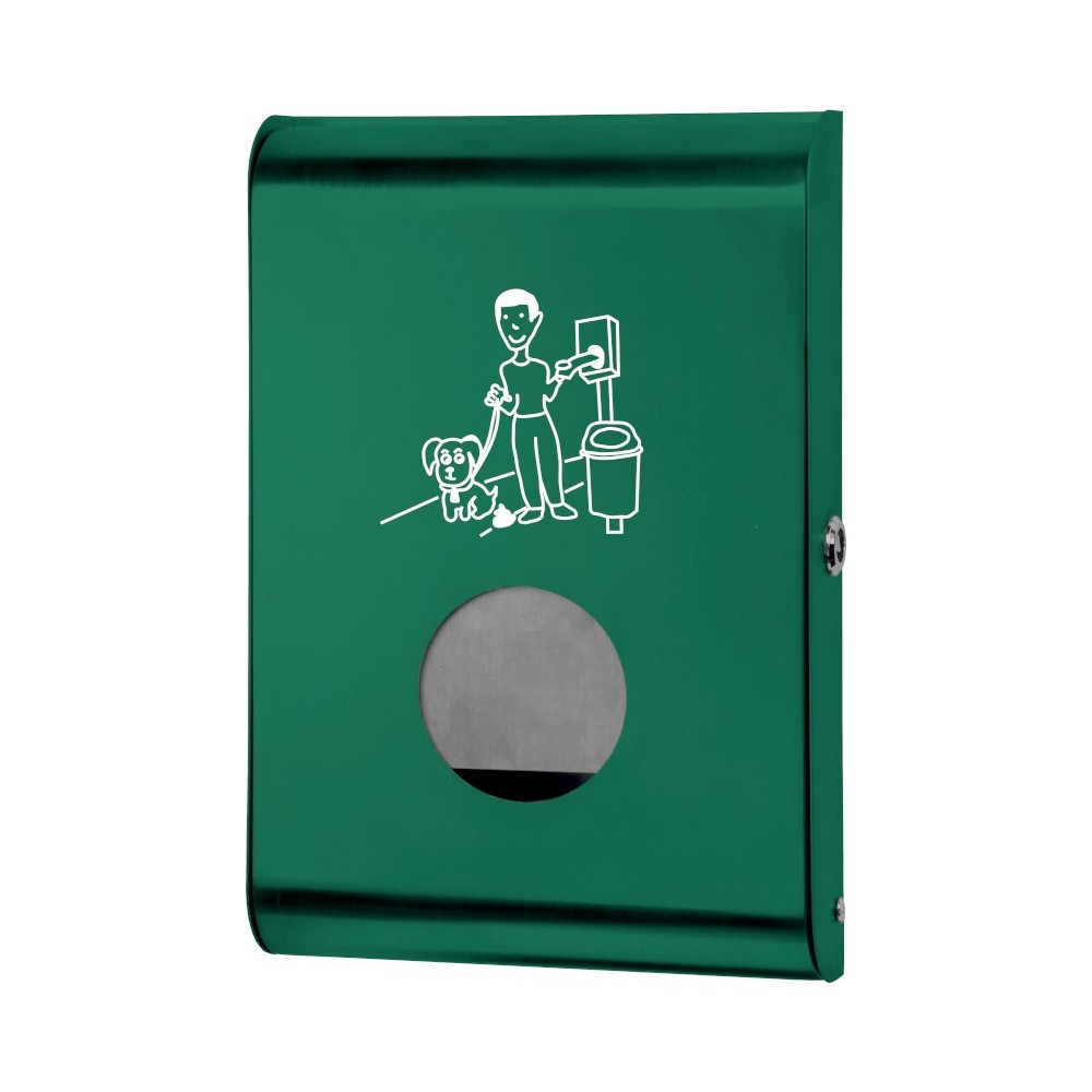 Green dispenser for dog waste bags for a clean community. Easy to use and convenient.