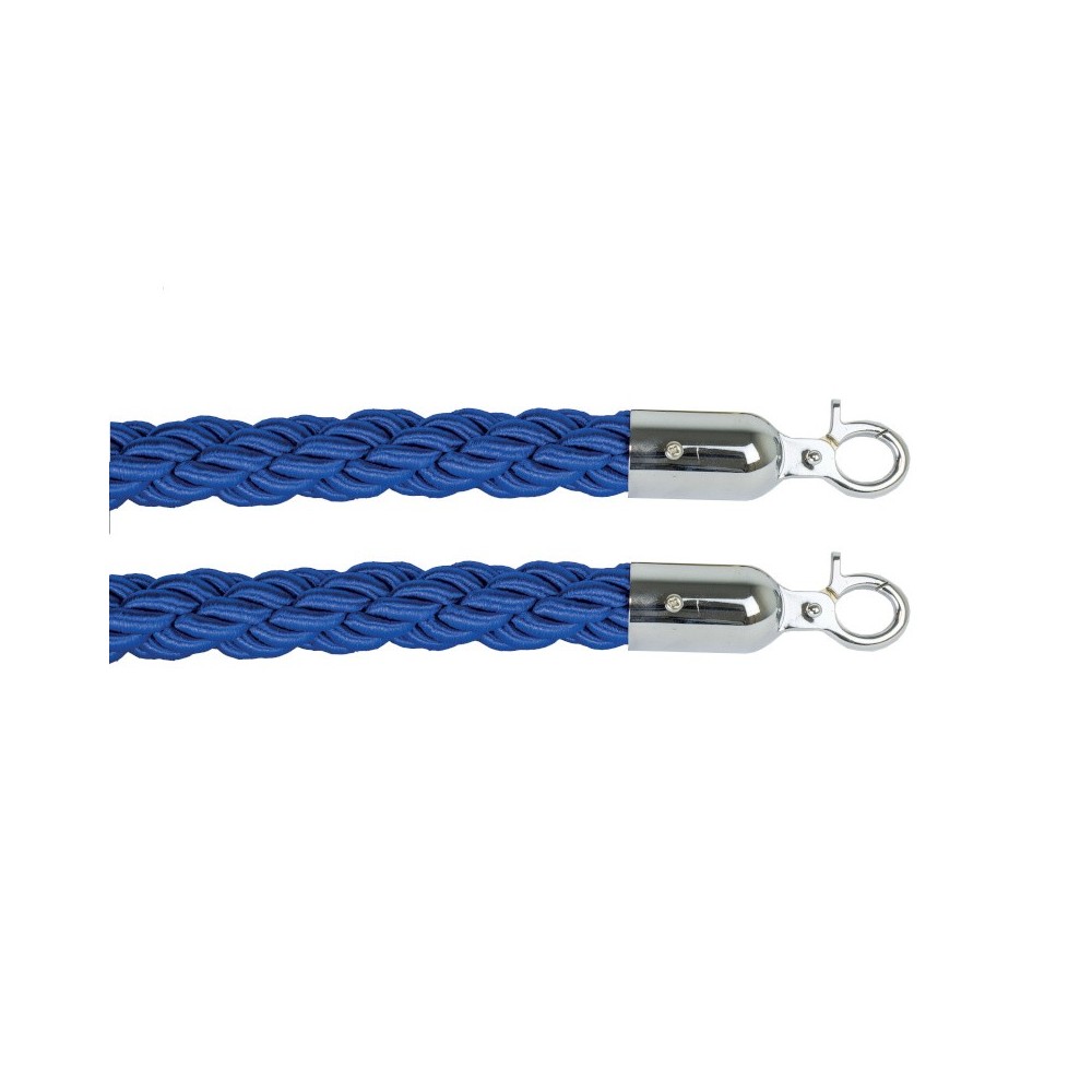 Blue cord with 2 shiny stainless steel hooks of 3 cm in diameter. Ideal for hanging heavy objects.