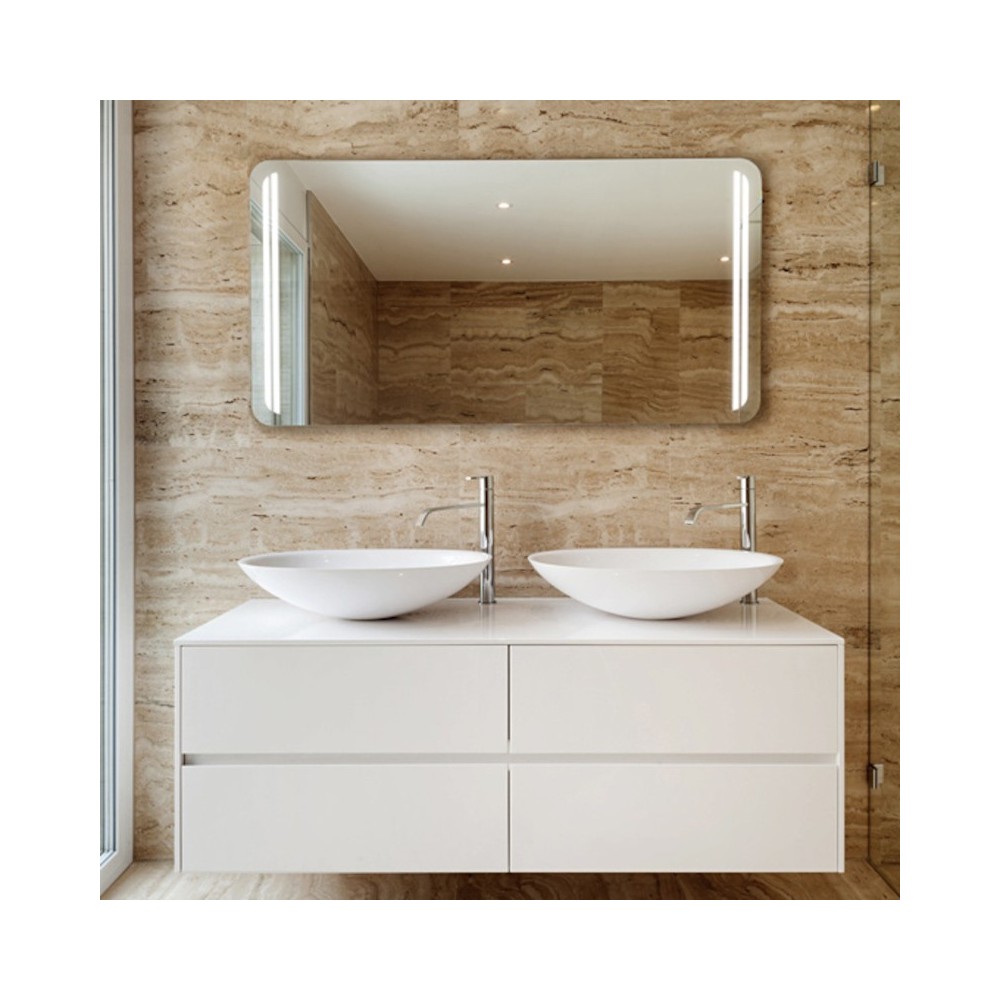 Elegant mirror with rounded corners and vertical LED lines