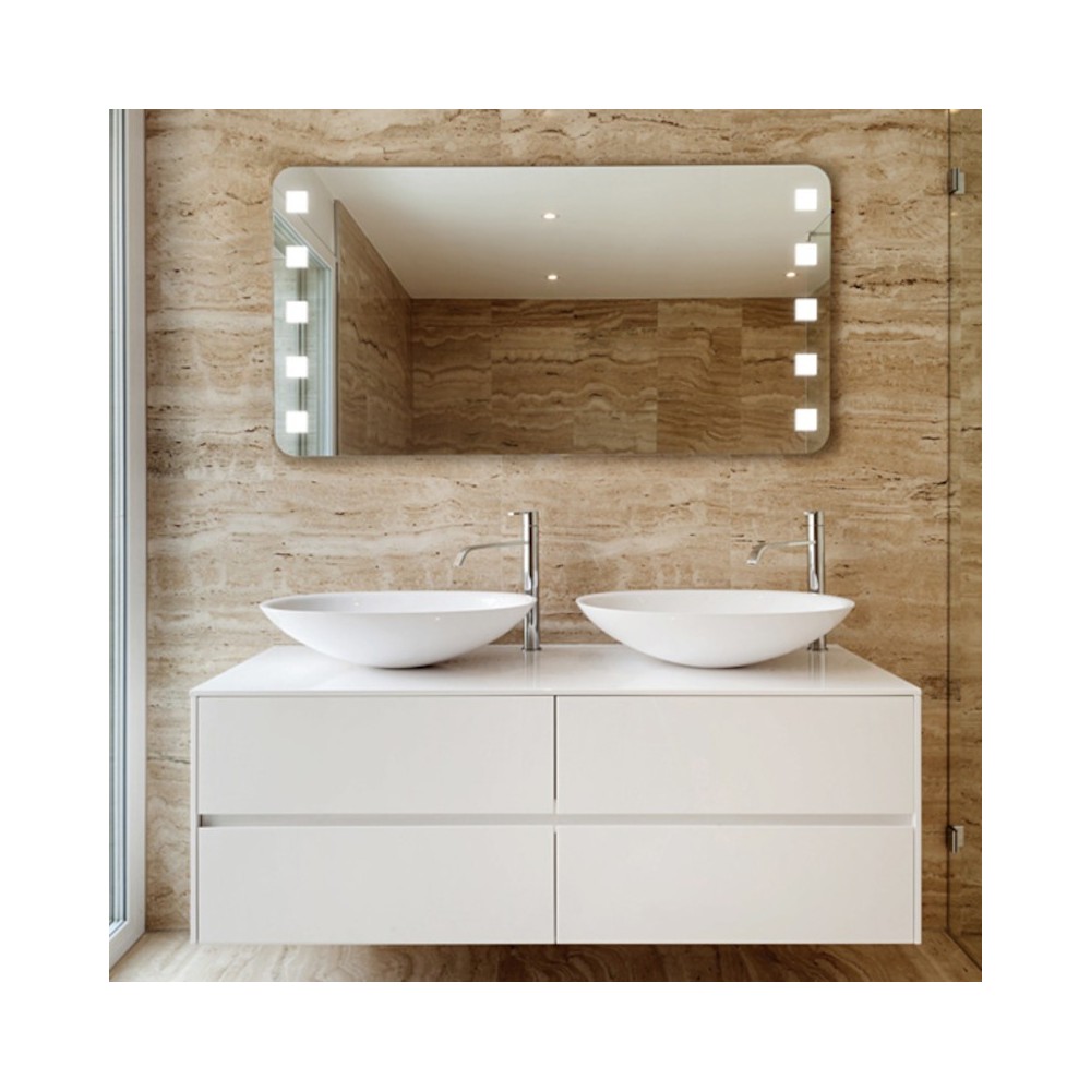 Mirror with rounded corners and square LED dots. Perfect for bathroom lighting.