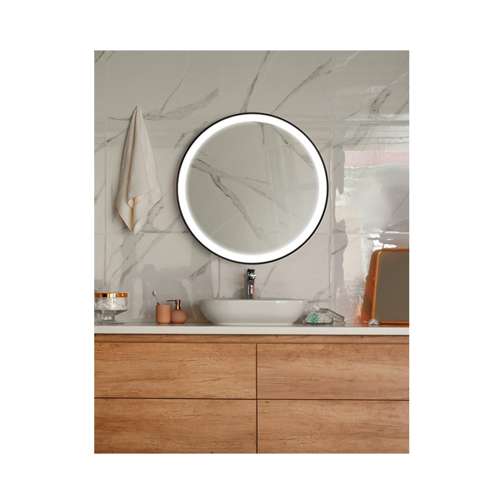 round LED mirror with surrounding light and coloured frame