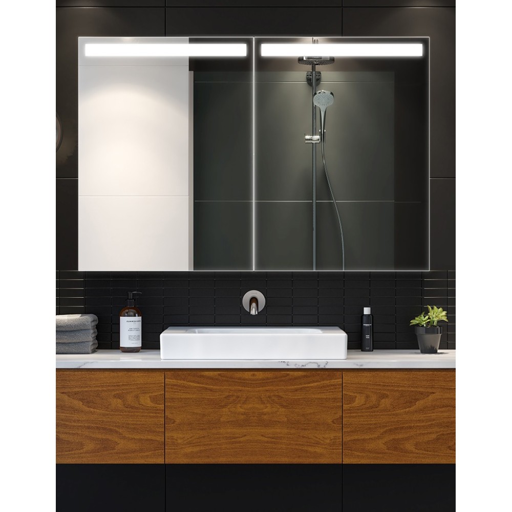 Multi-compartment bathroom cabinet with integrated LED mirror