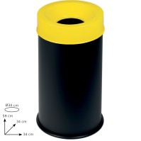 Black fireproof bin 50L with secure yellow lid.