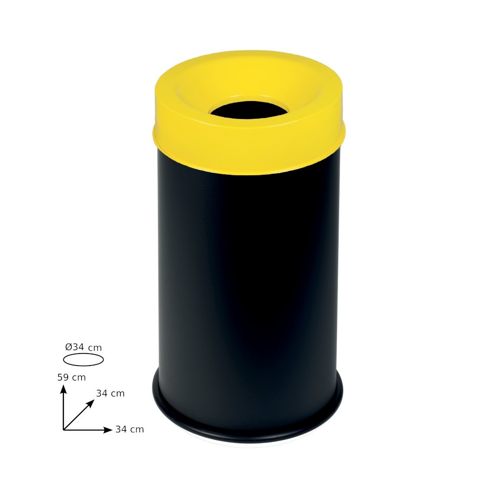 Black fireproof bin 50L with secure yellow lid.