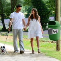 Grey dog basket with restricted opening and bag dispenser