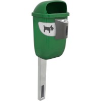 Green dog waste bin with dispenser and restricted opening