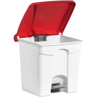 red plastic trash can