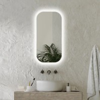 Modern backlit mirror with diffused lighting and customizable options