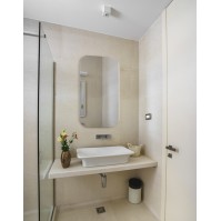 Modern backlit mirror with rounded corners and advanced features