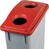 90L gray plastic bin with red lid for cups