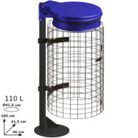 Blue trash bag holder on base with metal grid