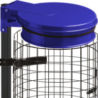 Blue trash bag holder on metal grid base