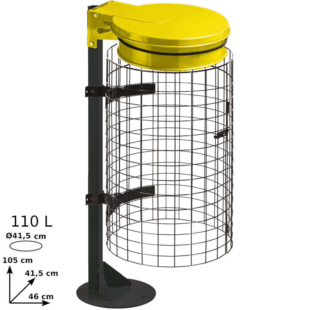 Yellow trash bag holder on metal grid base