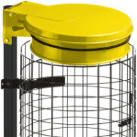 Yellow trash bag holder on base with metal grid