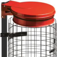 Red trash bag holder on metal grid base