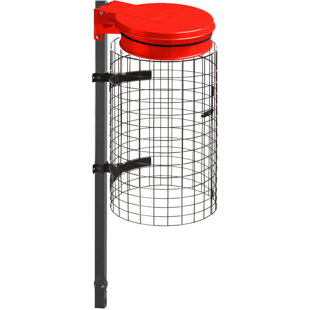 Red trash bag holder with sealable grid, practical, robust, elegant