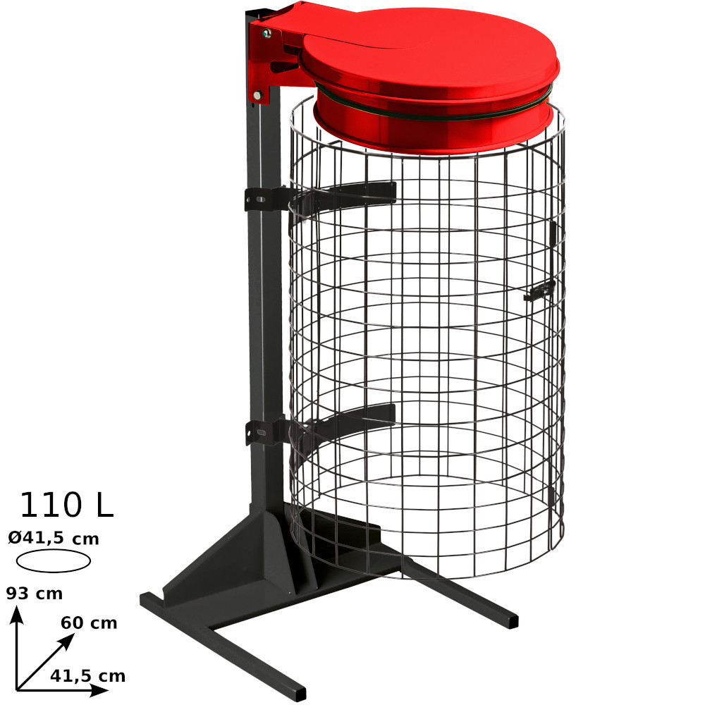 Red trash bag holder with grid for events