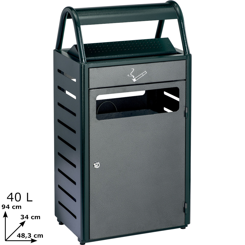 Green anti-vandal ashtray bin 40+8L robust outdoor