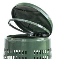 Green trash bin with bag holder for outdoor waste