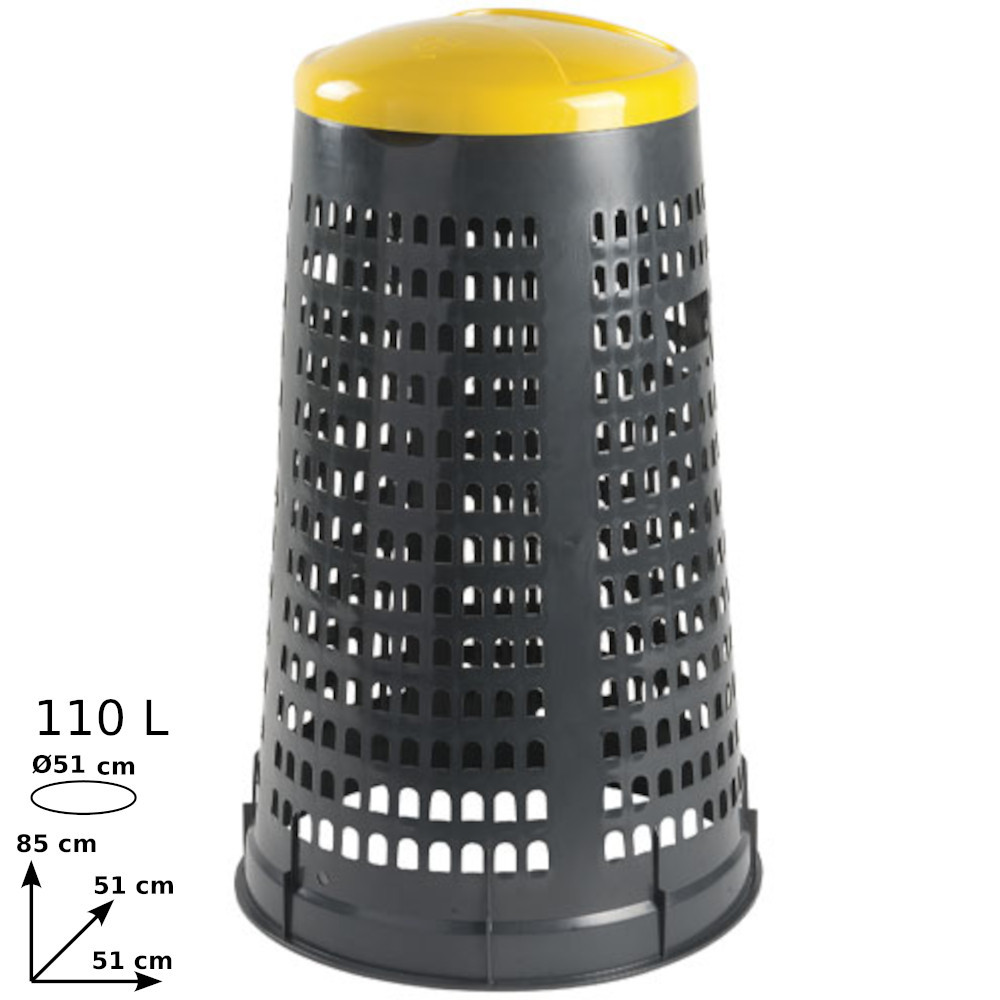 Gray trash can with yellow lid for trash bag