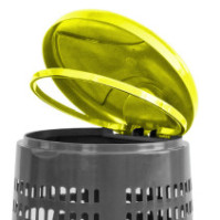 Gray trash can with yellow lid for trash bags