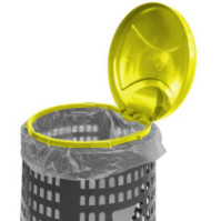 Gray trash bin with yellow lid for bags