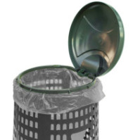 Gray trash can with green lid for waste bag.