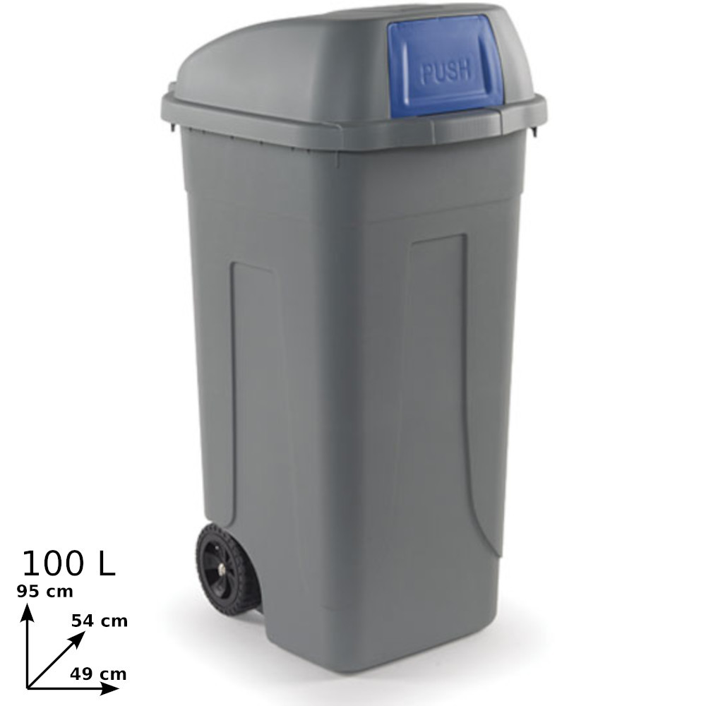 Durable gray-blue 100L plastic tilting hatch container.