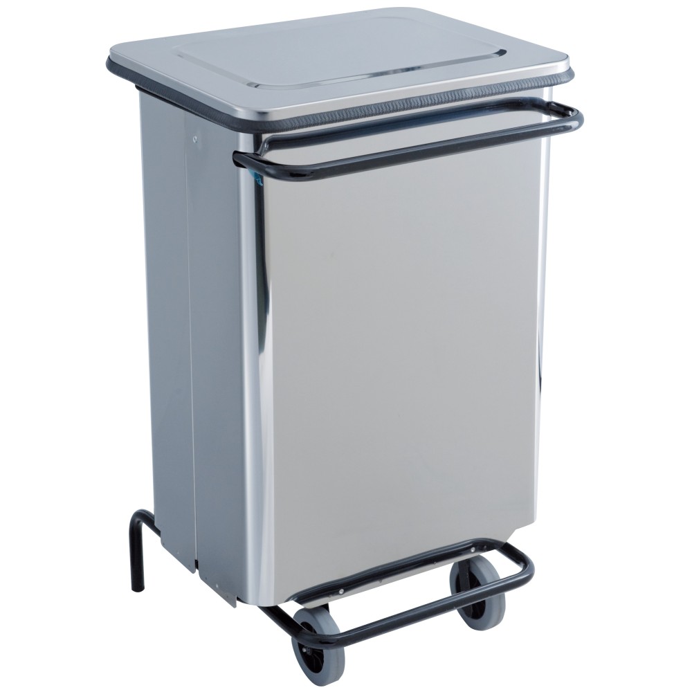 Mobile pedal container with removable door 70 litres shiny stainless steel